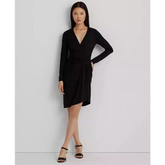 Lauren Ralph Lauren Dresses & Skirts - Lauren Ralph Lauren Womens Dress Ruched Stretch Jersey Surplice Sz 10 Black NWT
